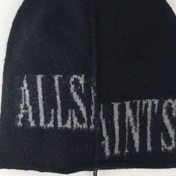 NWT ALLSAINTS KNIT DROP LOGO BEANIE HAT UNISEX OS BLACK WITH GRAY LOGO - Picture 5 of 6